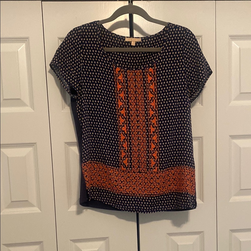 Women's Navy and Orange Patterned Top
